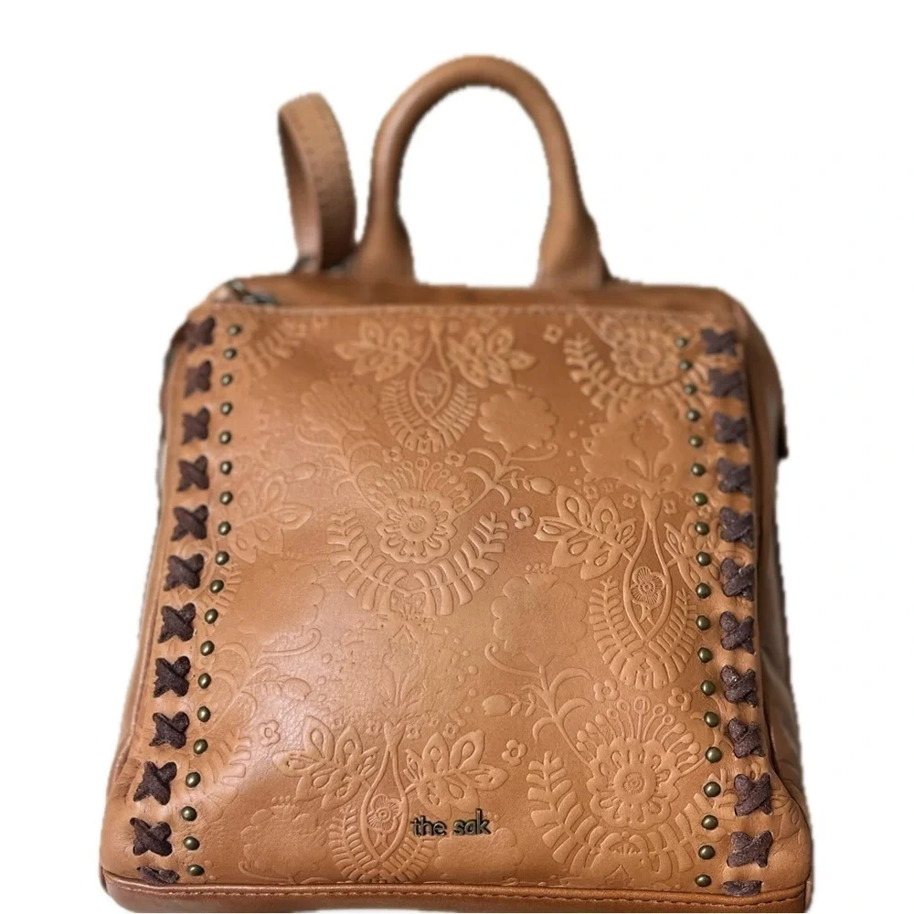 The Sak Backpack Loyola Tobacco Floral Convertible Small Leather Backpack